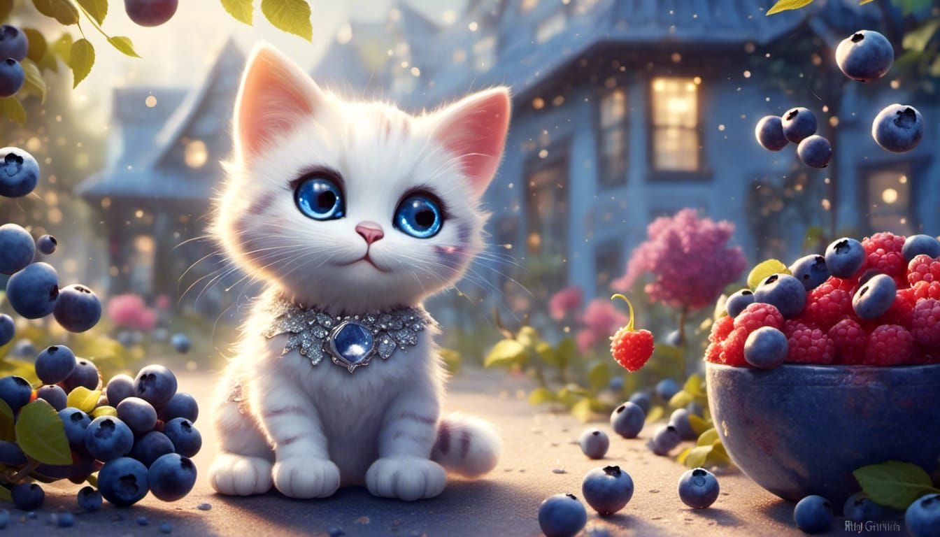 <lora:Glitter and Diamonds:1.0> <lora:NC Hyperreal:1.0> vibrant detailed adorable chibi happy cat on blueberry day Ruby ...