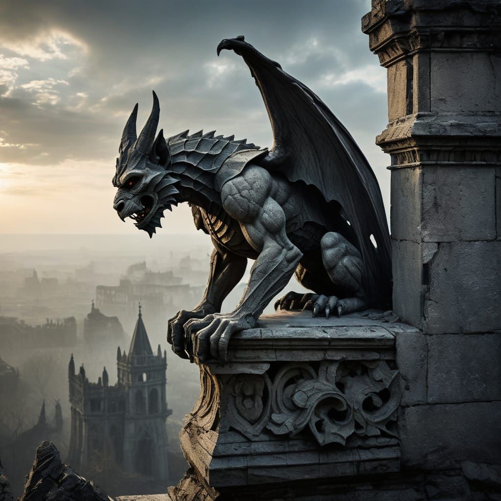 Gargoyle on Ruin in Dark Fantasy Style