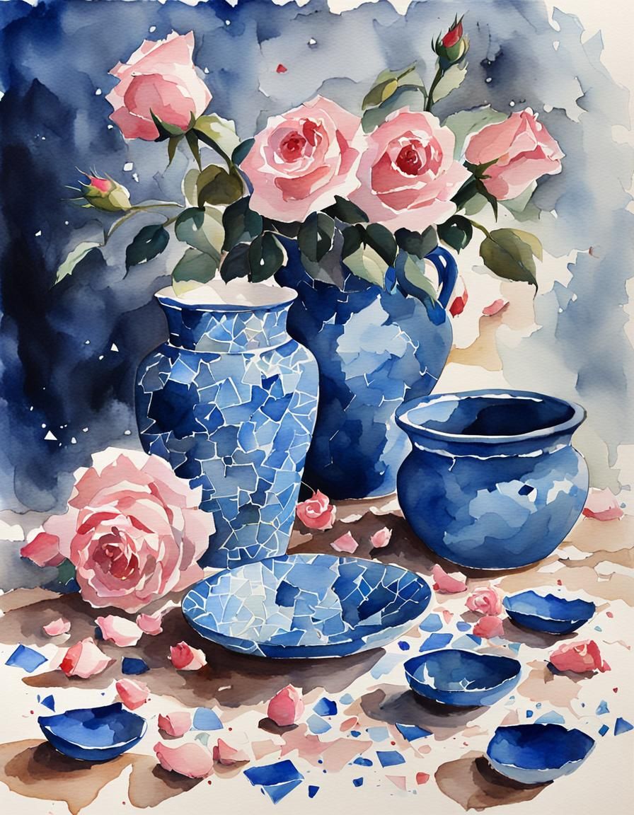 Shattered Pottery with Roses in Watercolor Style