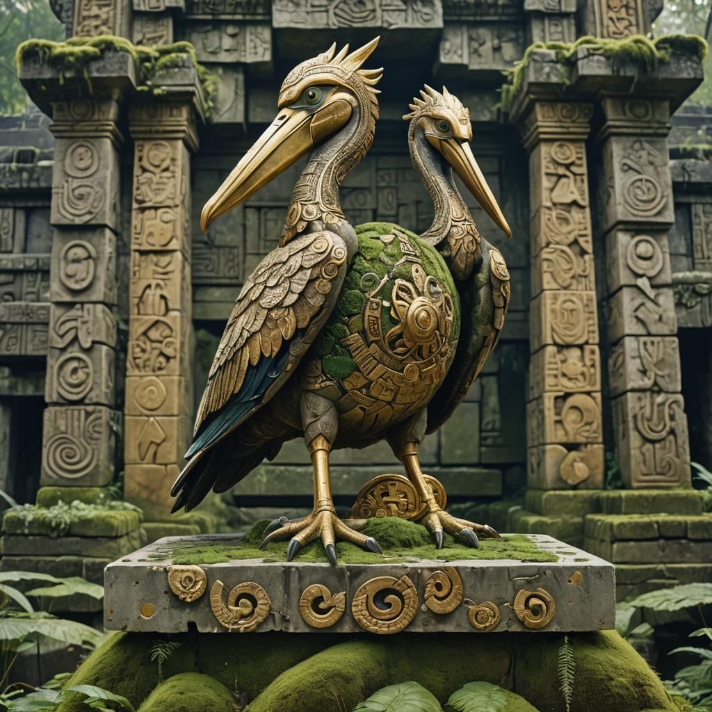 Aztec Pelican Statue on Stone Pyramid