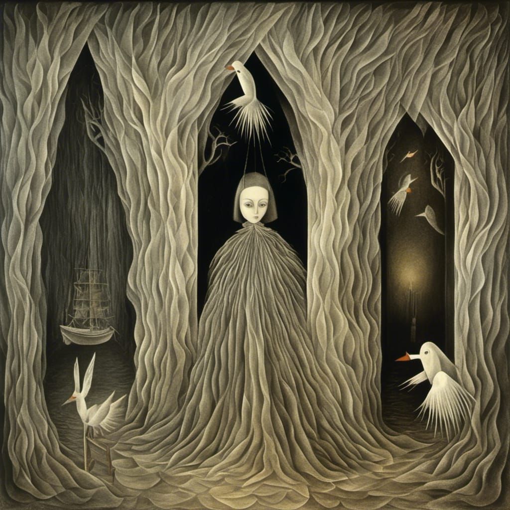 Surreal Figure in Dreamscape, Remedios Varo Style