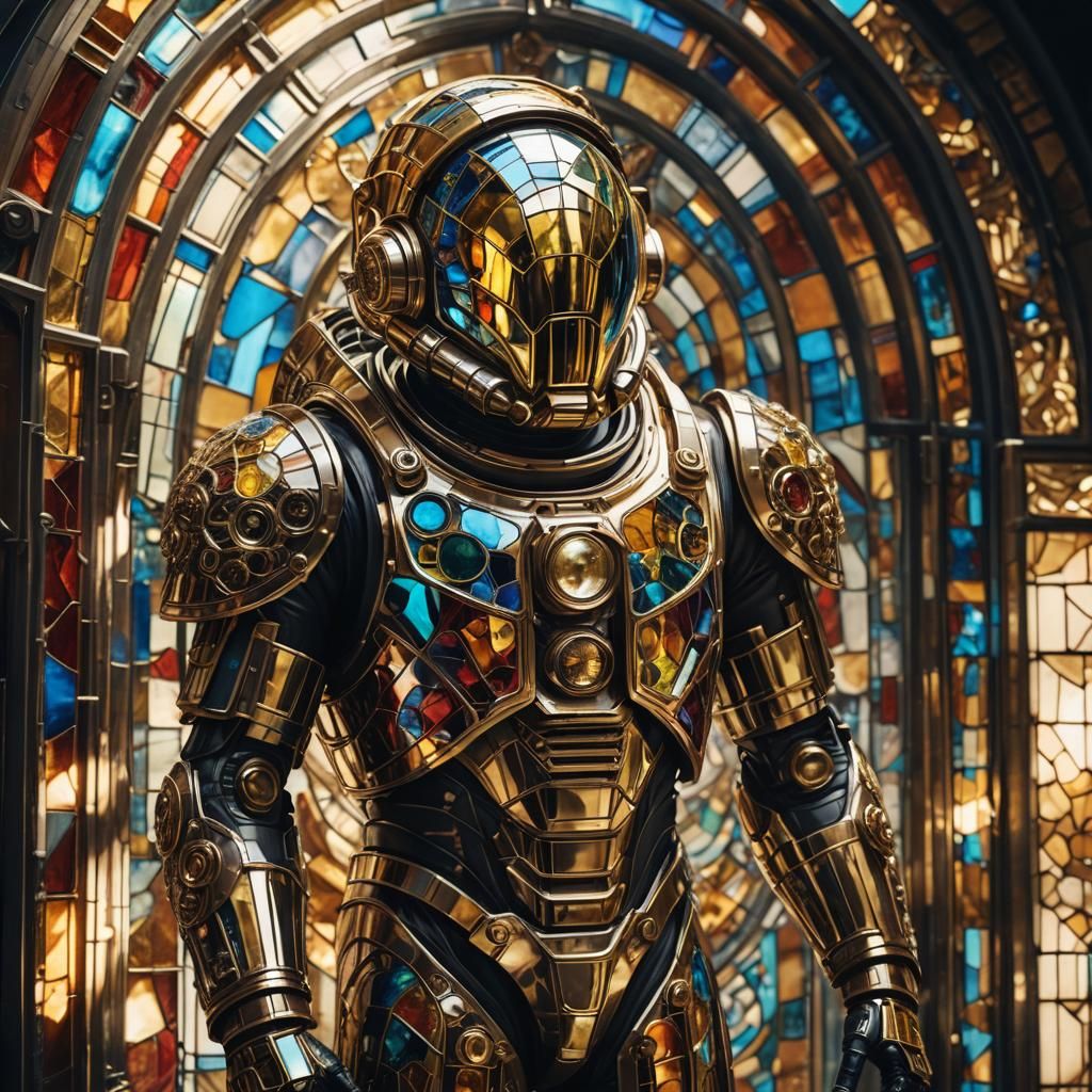 Biomechanical Astronaut in Stained Glass Mask