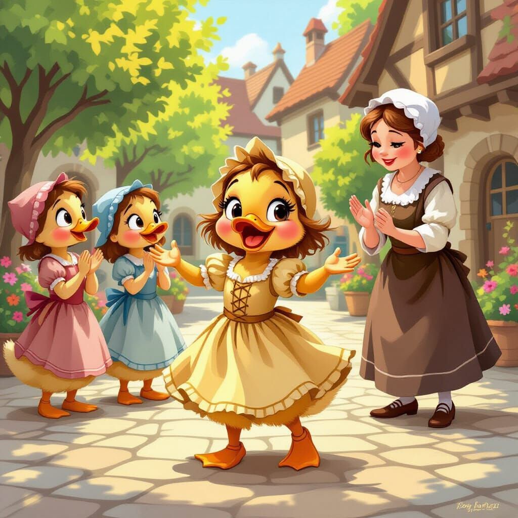 Dancing Duckling Girl in Village Square