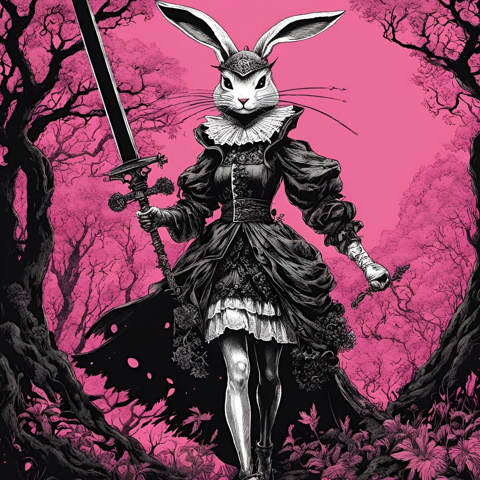 Eerie Black and White Ink Drawing of Sword-Wielding Figure