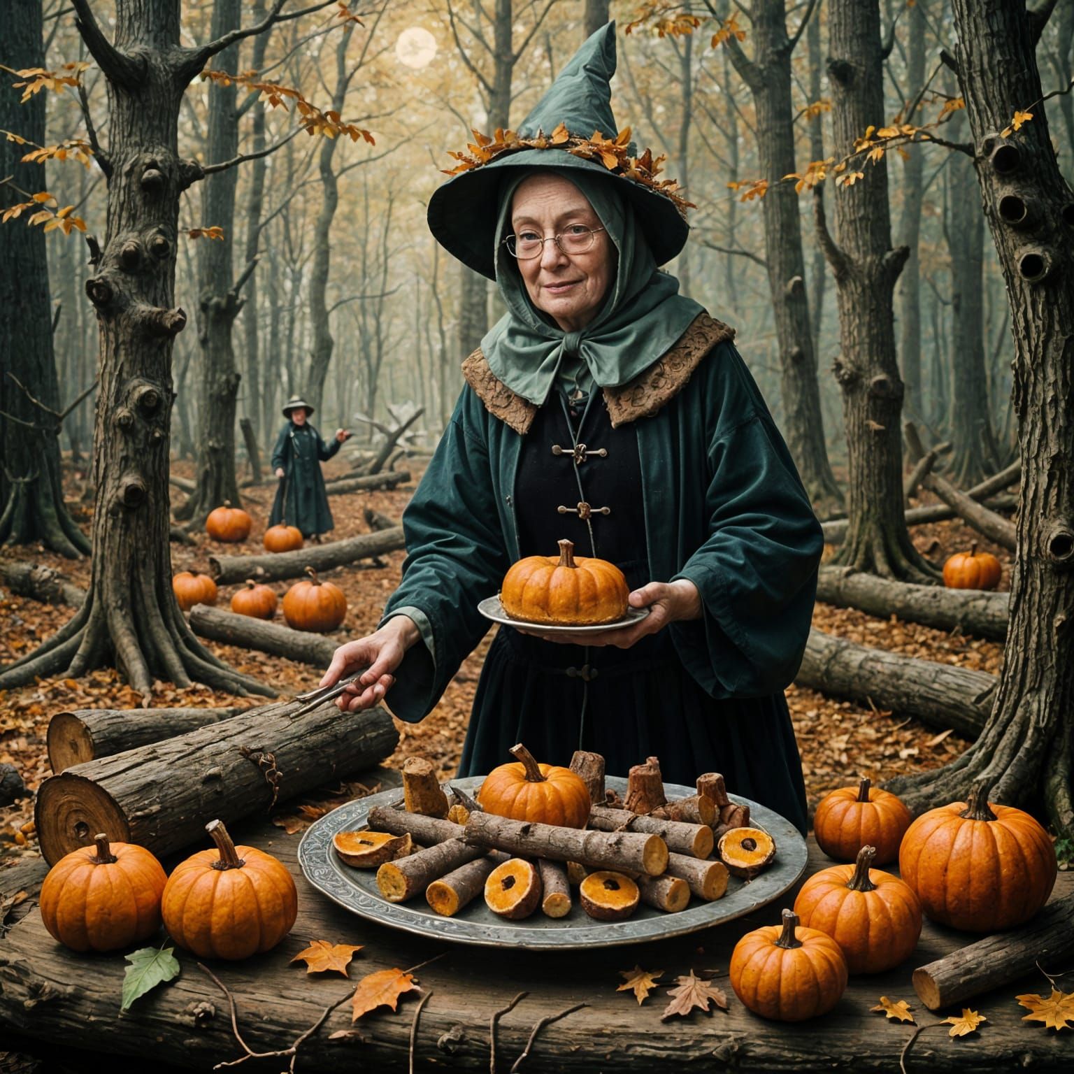 Surreal Autumn Scene: Log Lady Serves Pumpkin Logs