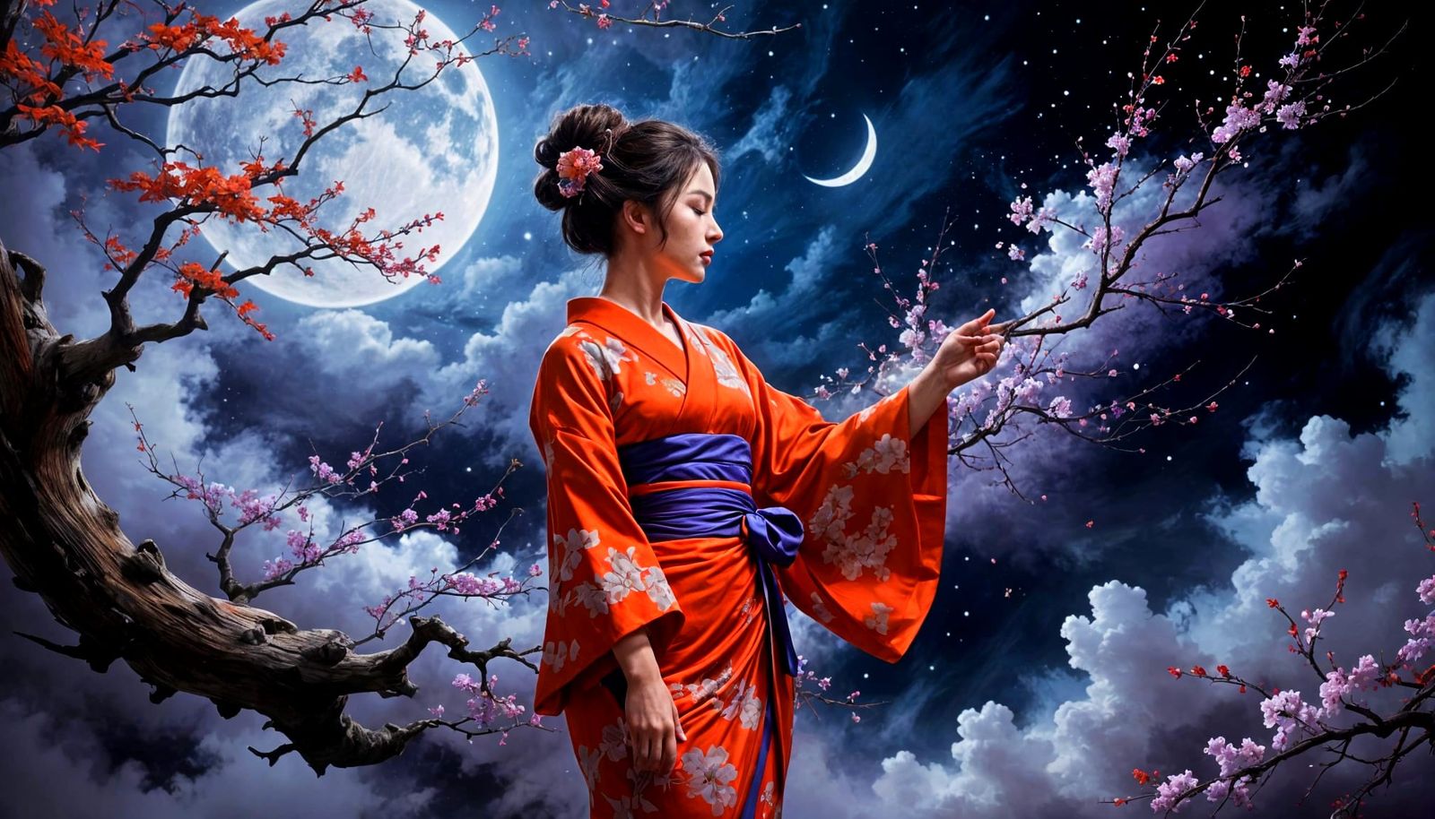 Elegant Red Yukata in Moonlit Night