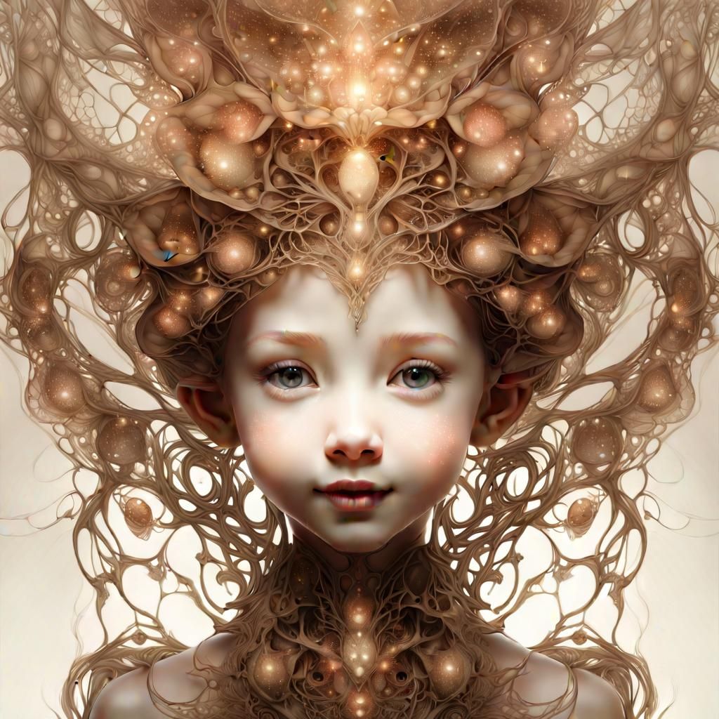 Ethereal Toddler Nymph Riding Kitten Boat in Magical Garden