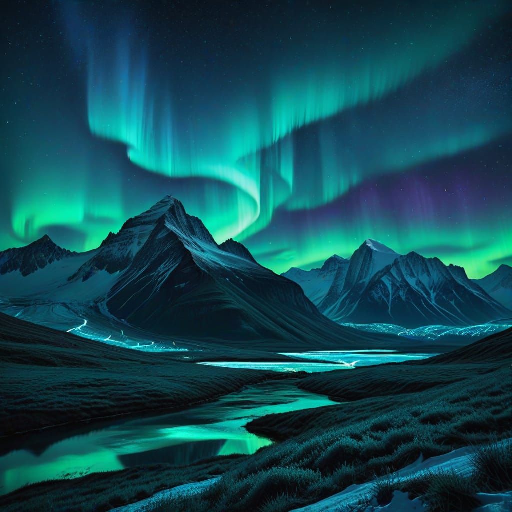 Turquoise Aurora Lights Over Snowy Mountains