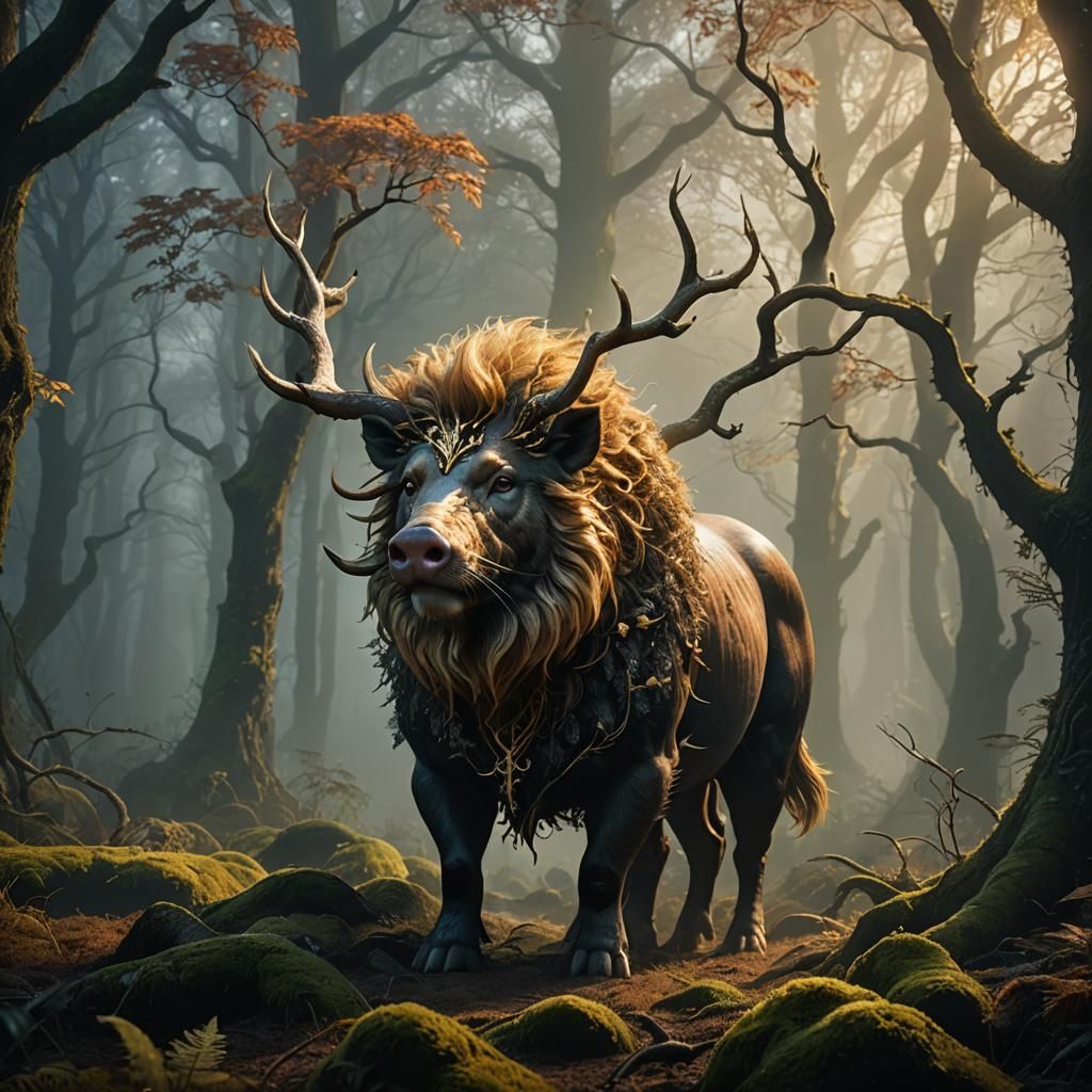 Pig-Lion Hybrid in Misty Forest Concept Art