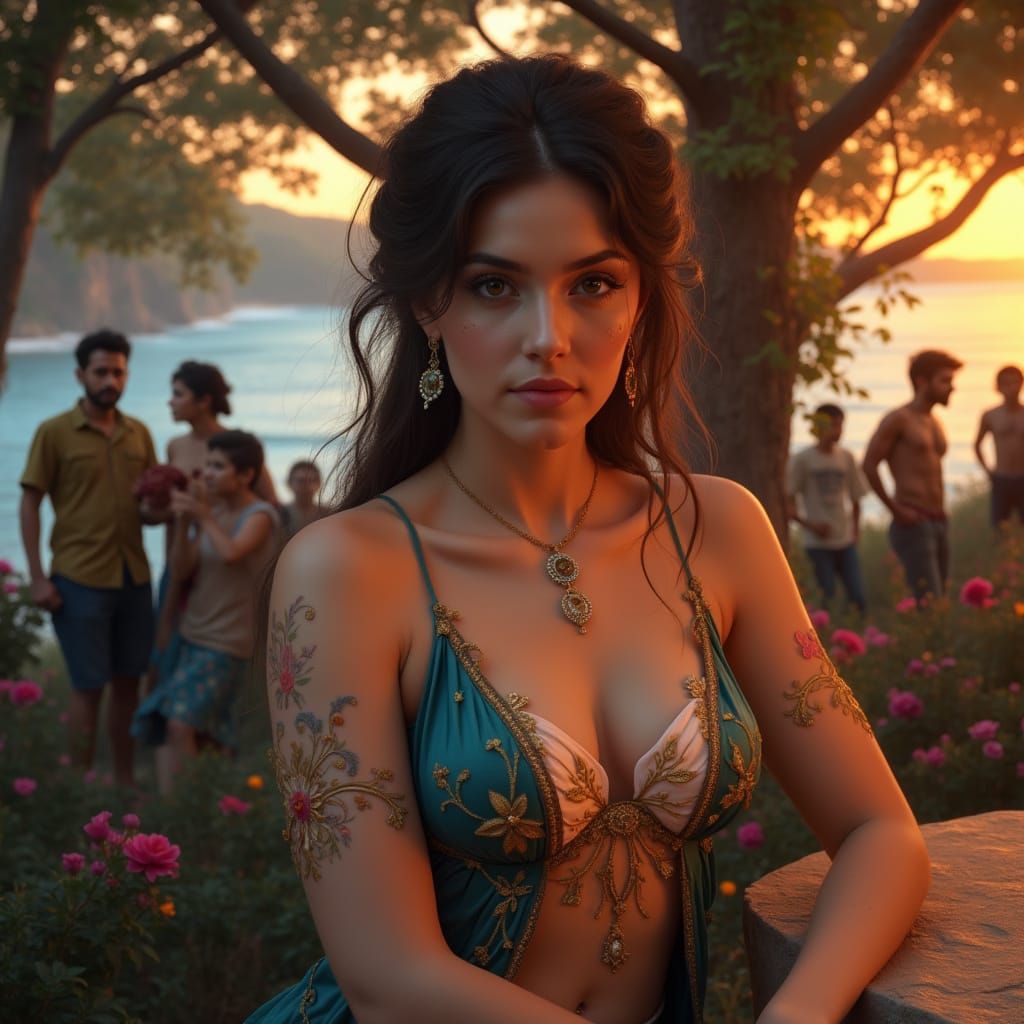 Romantic Garden Goddess Surrounded by Admirers