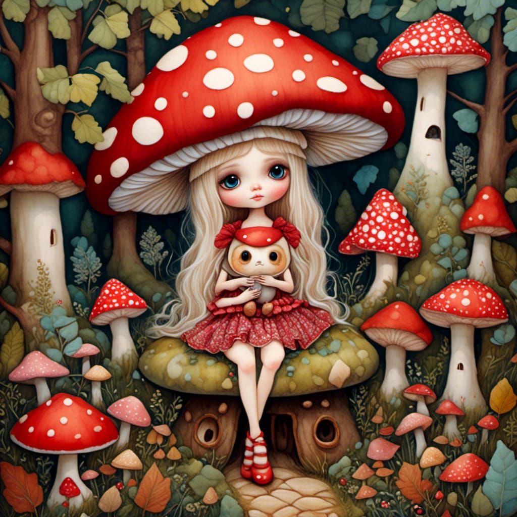 Whimsical Fairy Doll on Toadstool in Quilted Forest