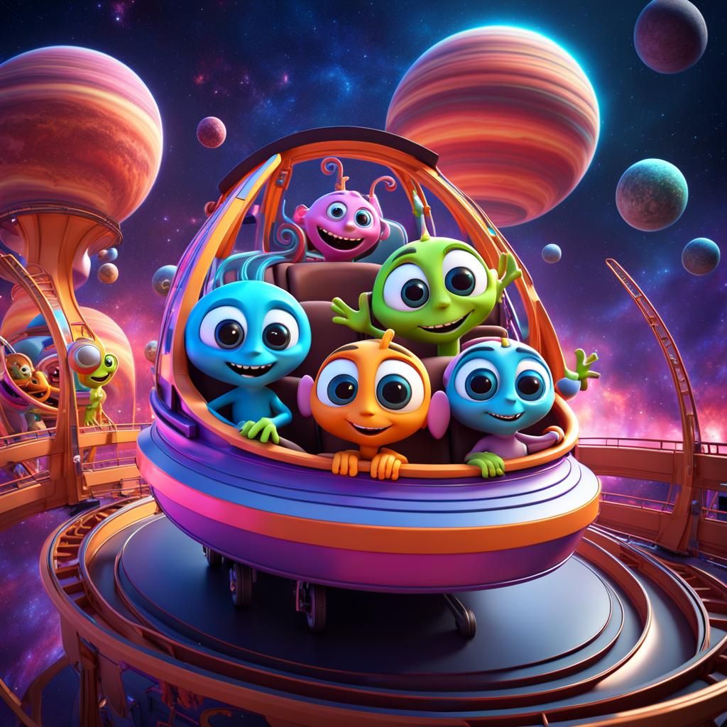 Joyful Aliens Ride a Rollercoaster in Space
