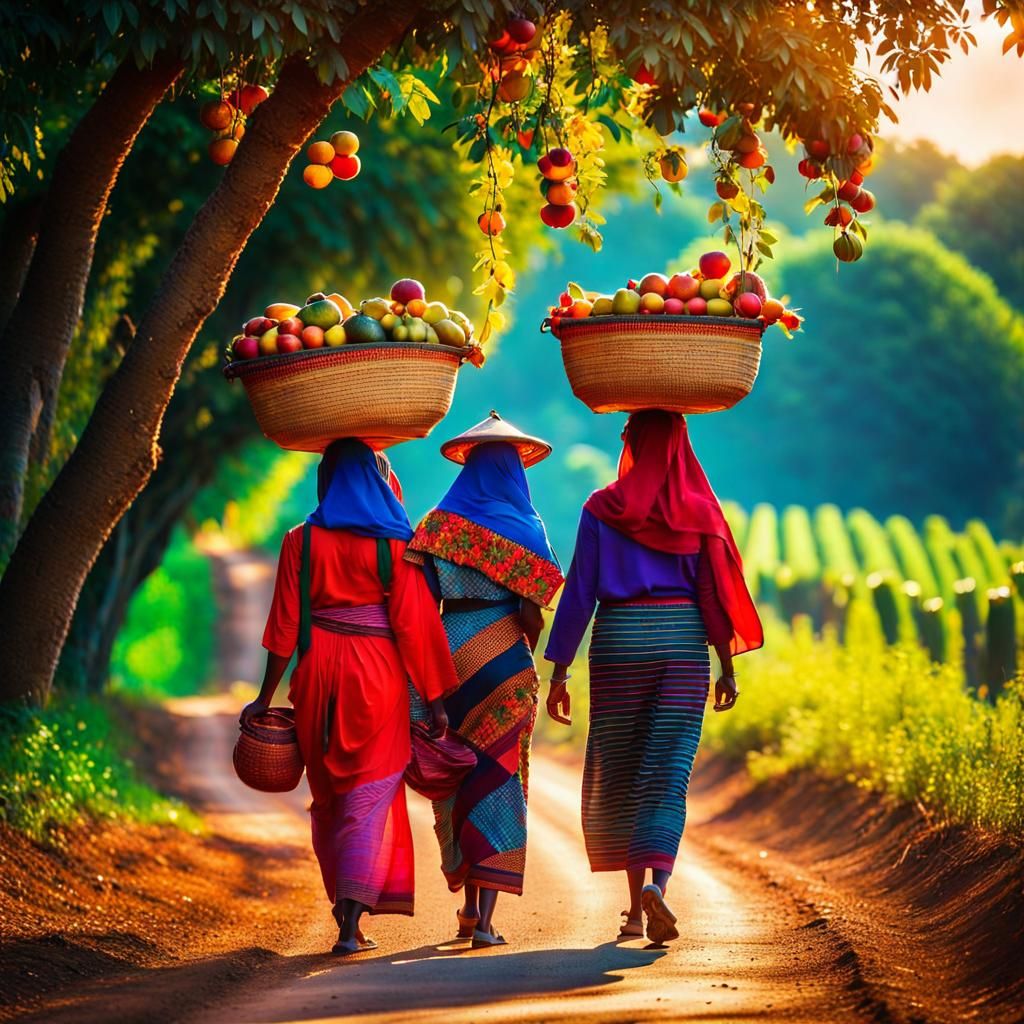 Fruit Sellers on Rural Road in Naive Art Style