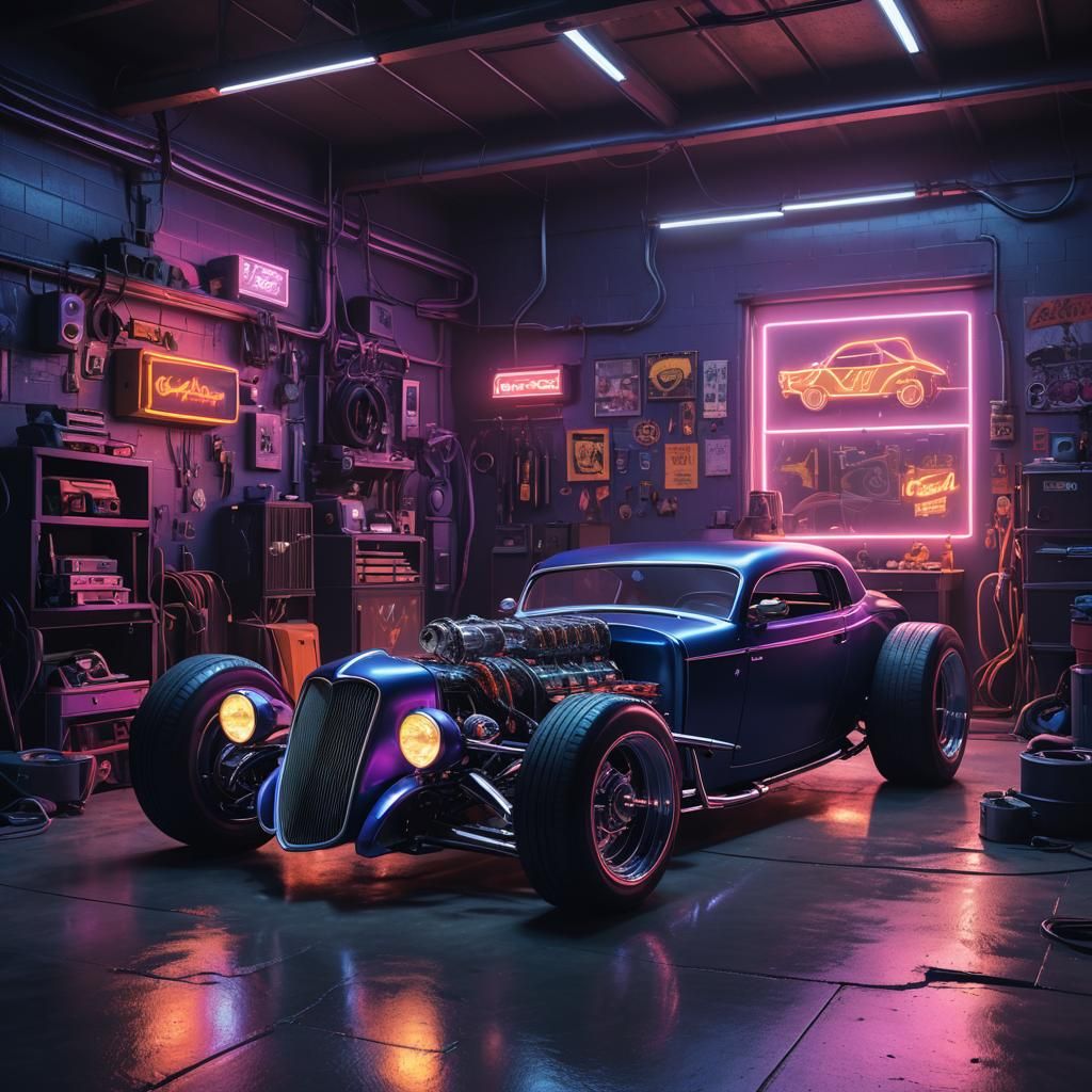 Cyberpunk Hot Rod in Neon-Lit Garage