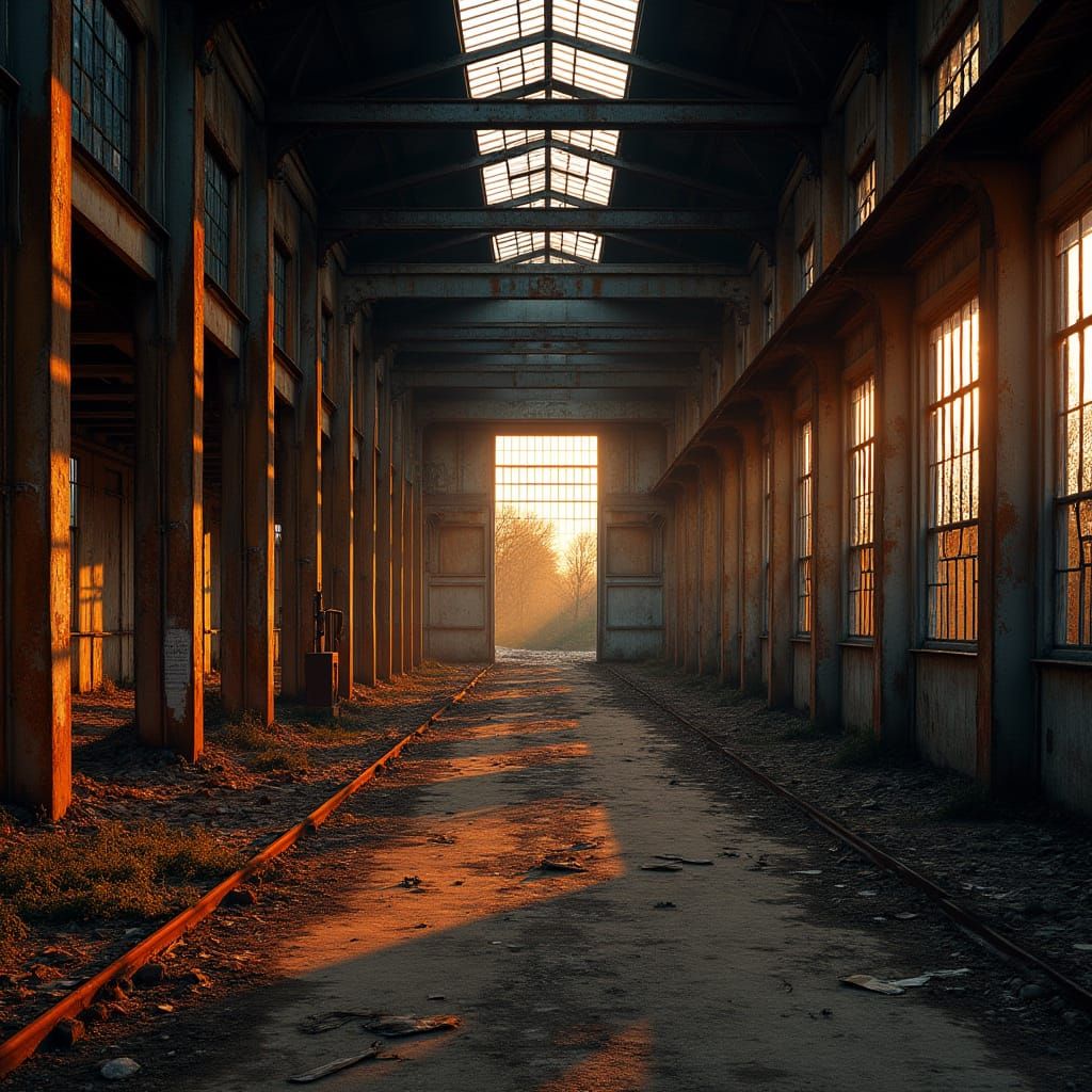 Dramatic Dusk Light in Abandoned Factory