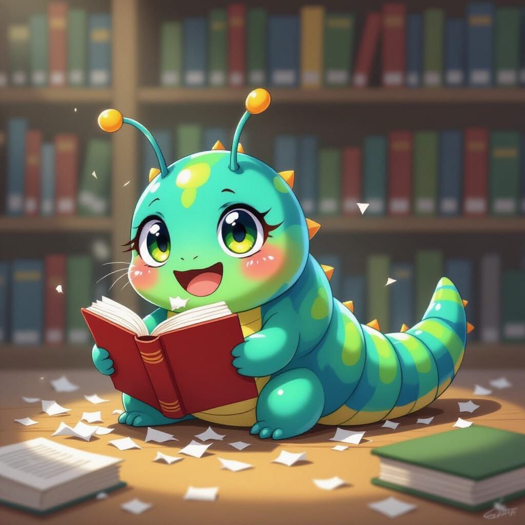 Cartoon Caterpillar Bookworm in Anime Style