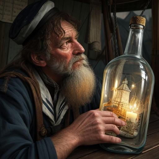 Sad Sailor Contemplates Ship in a Bottle