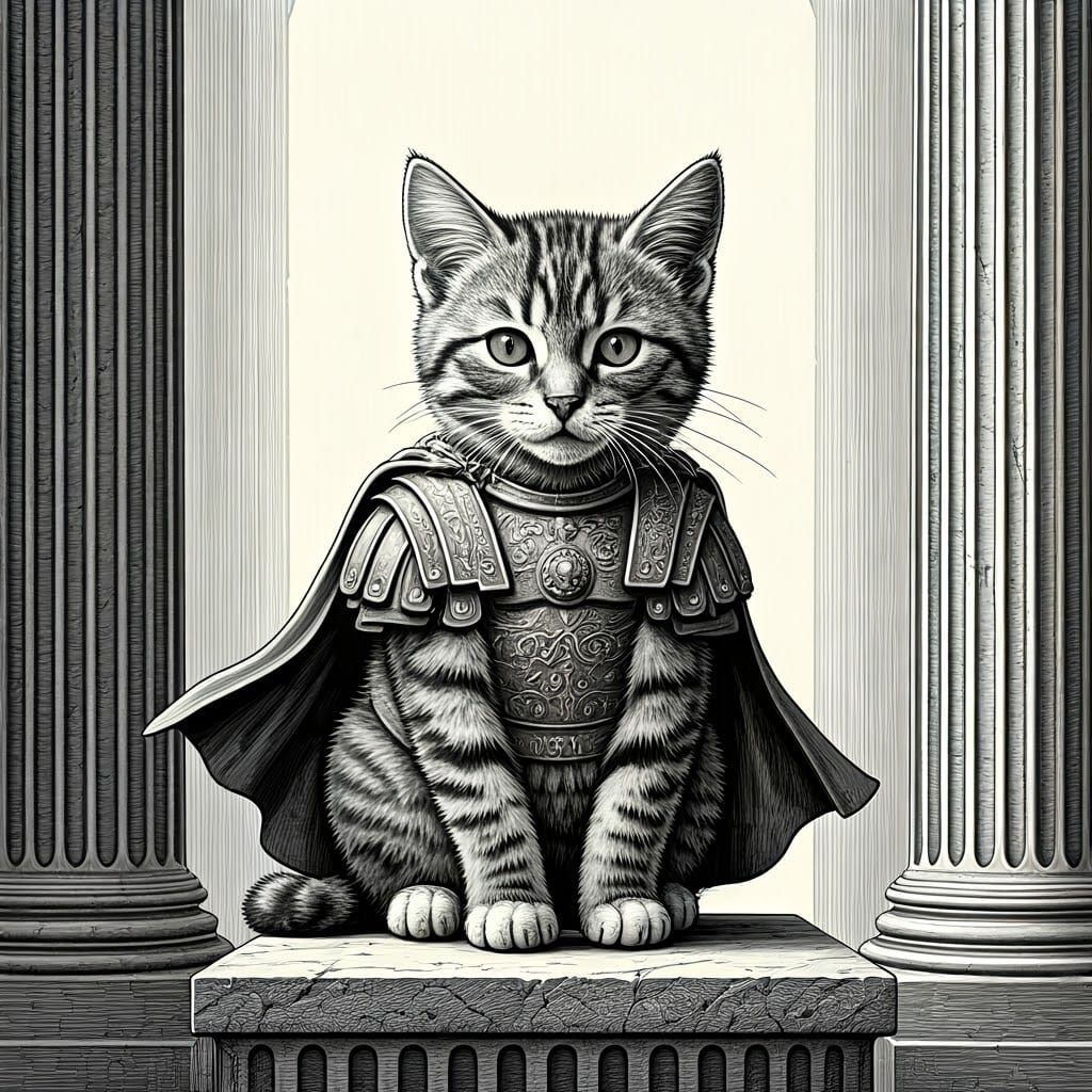 Tabby Kitten as Roman Legionary in Tenniel Style