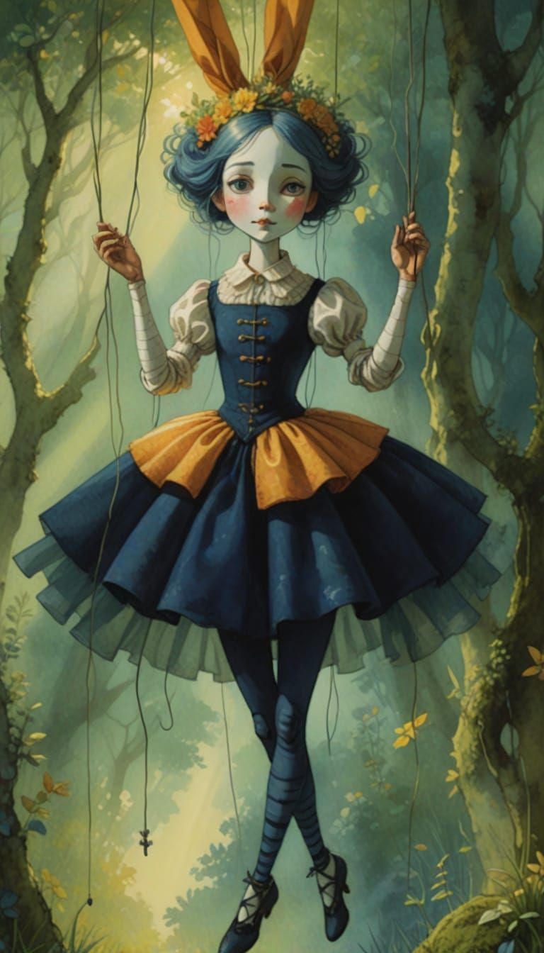 Marionette in Meadow: Whimsical Pastel Fantasy Art