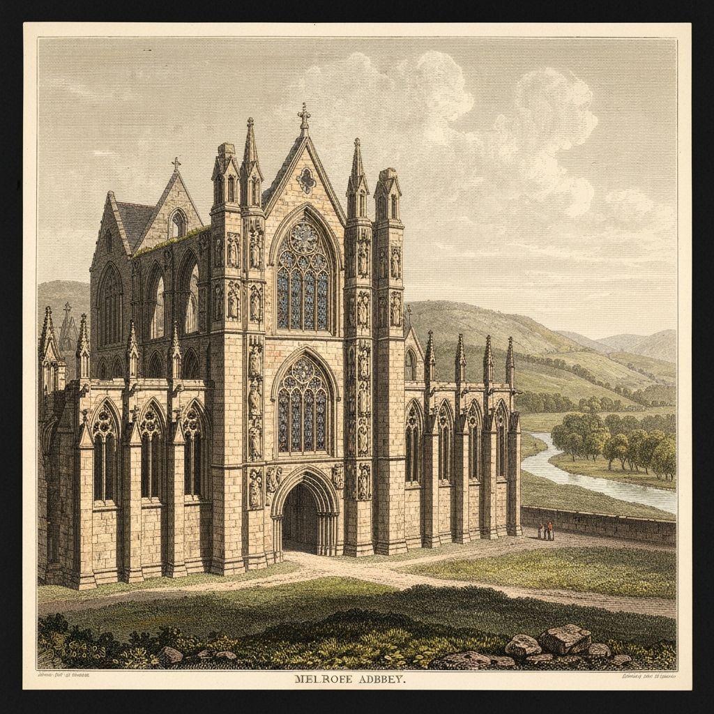 Melrose Abbey, 19th century engraving