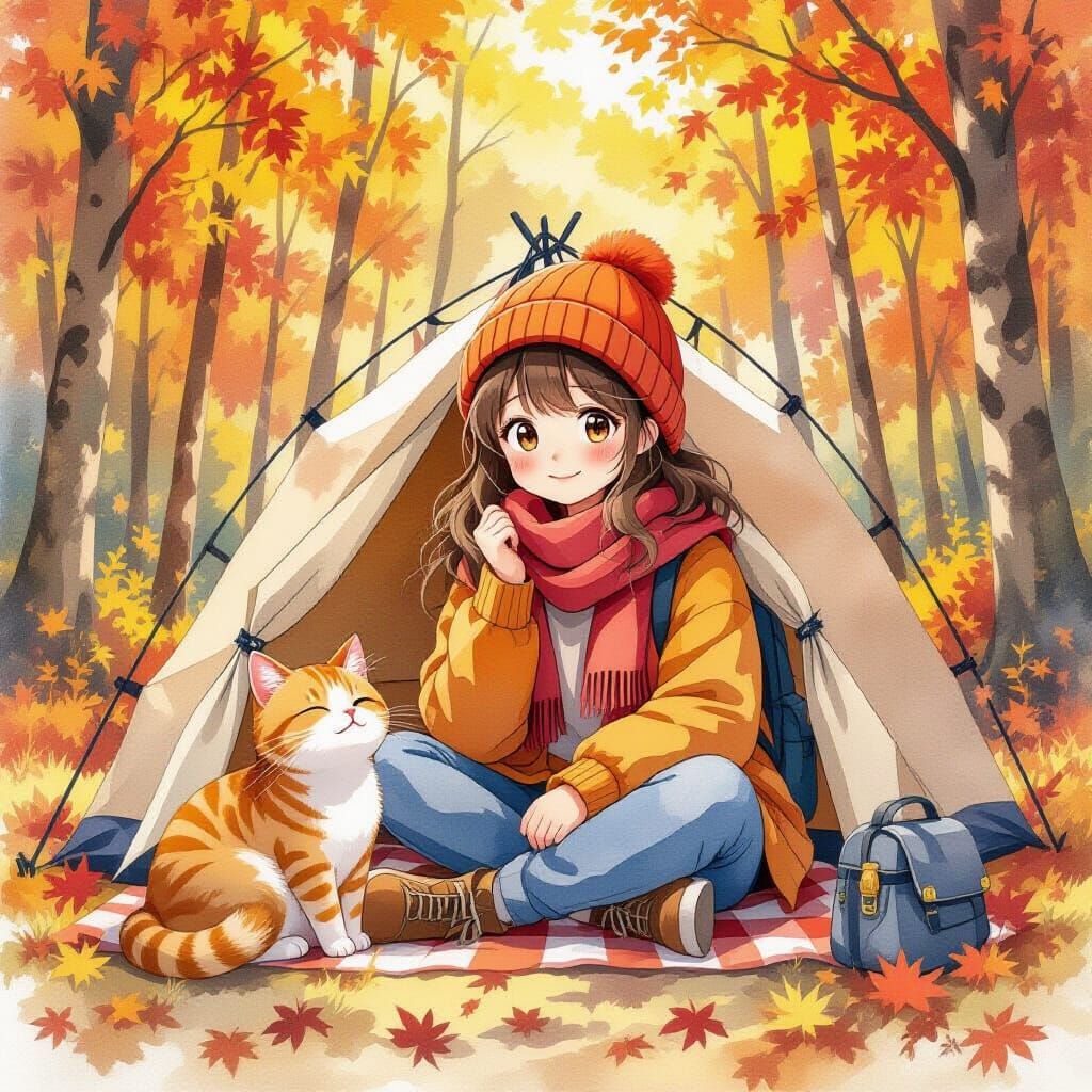 Cozy Autumn Camping: Girl and Cat in Vibrant Woods