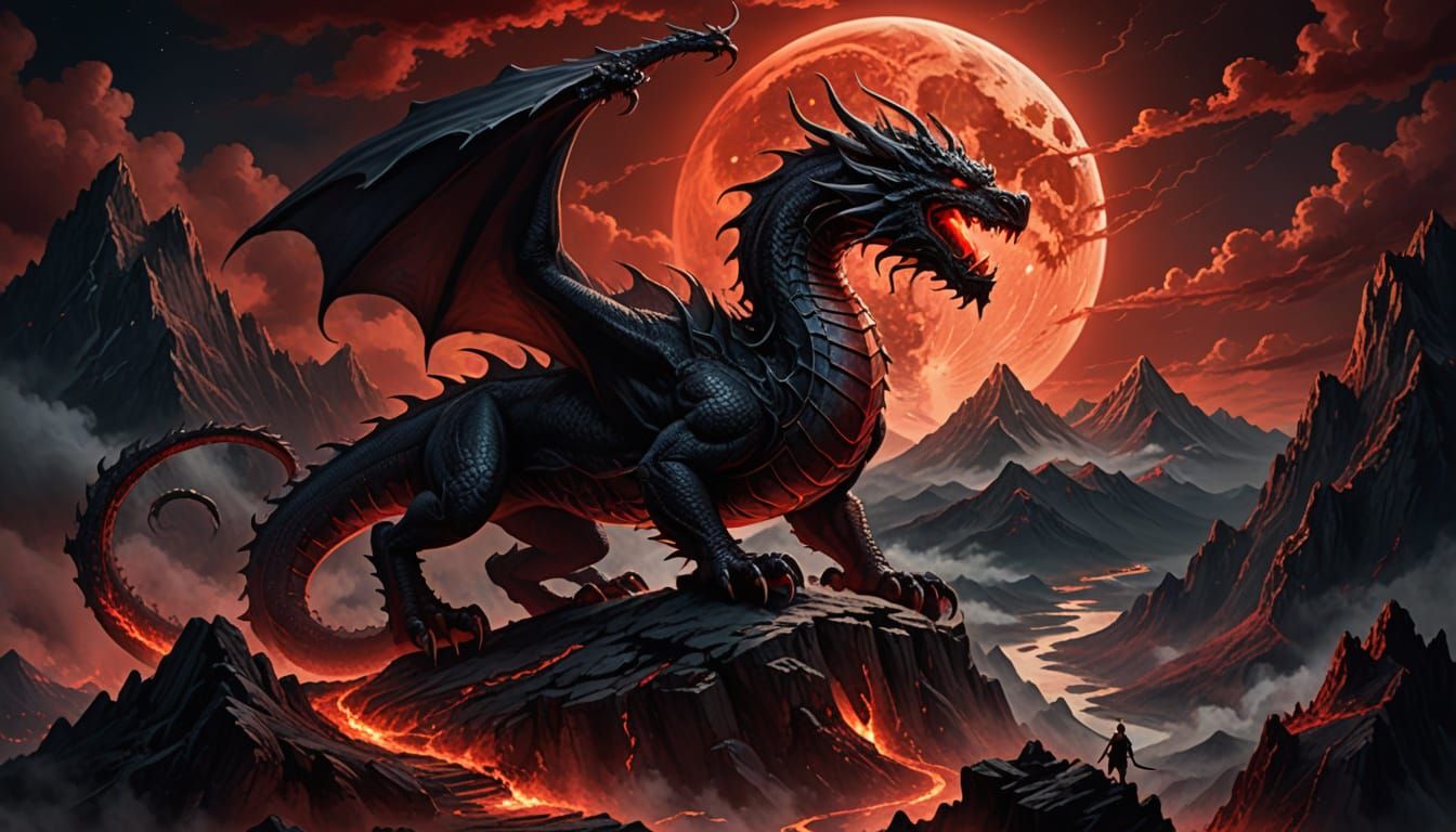Fantasy Dragon Under Blood-Red Moonlit Skies