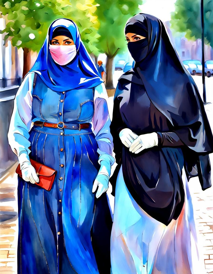 Two Niqabi Teachers in Watercolor Style Portrait