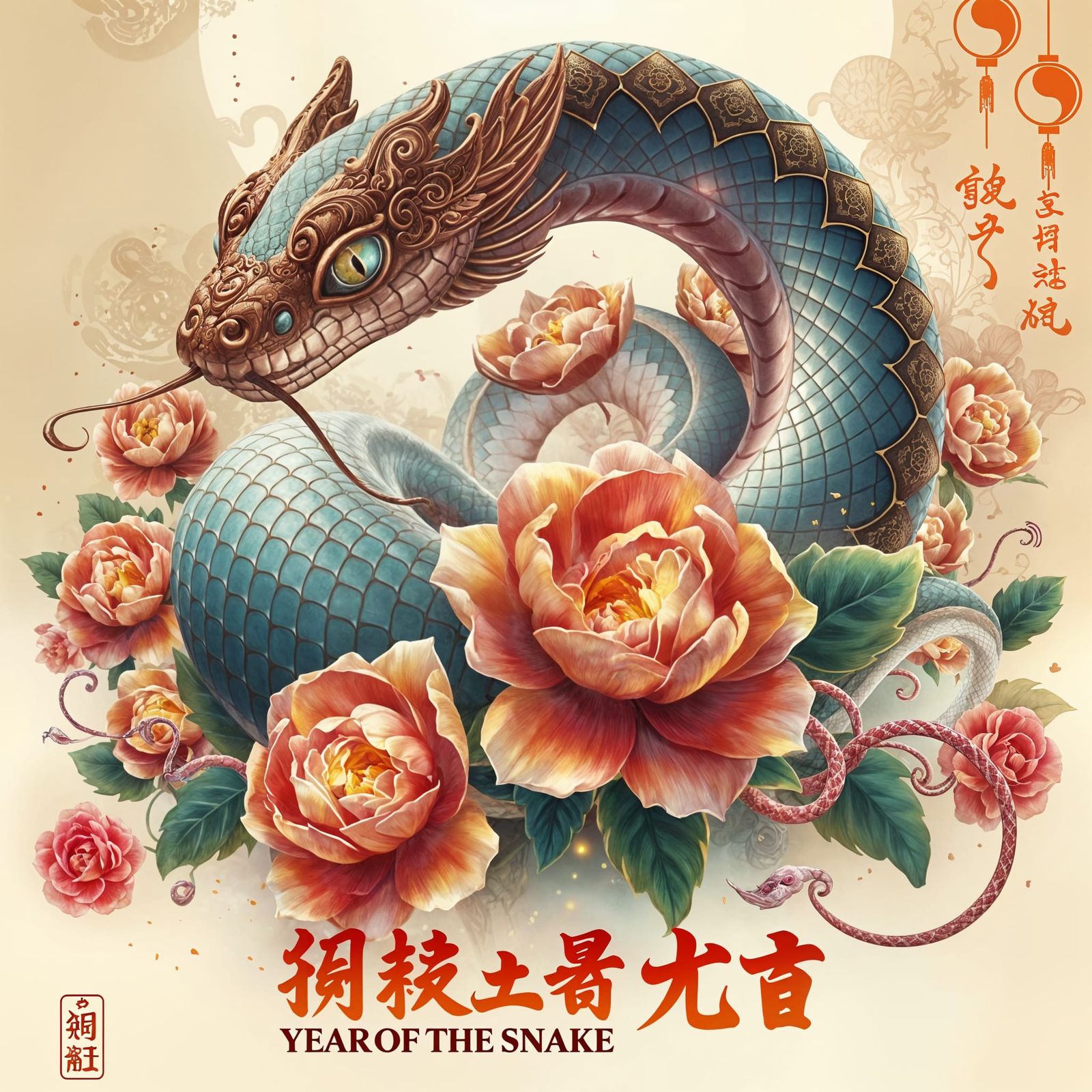 Majestic Snake Adorned with Chinese Motifs in Ethereal Glow