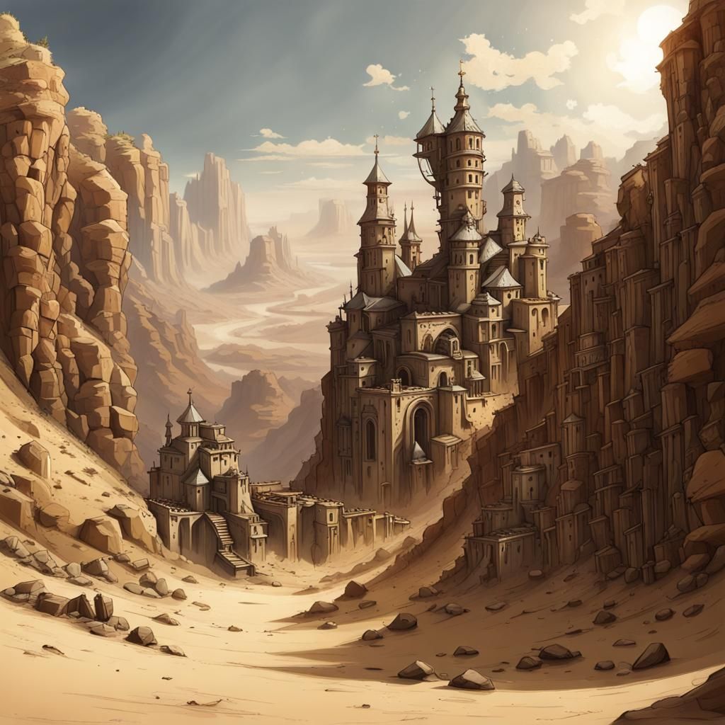 Steampunk Monastery in Desert Canyon Landscape