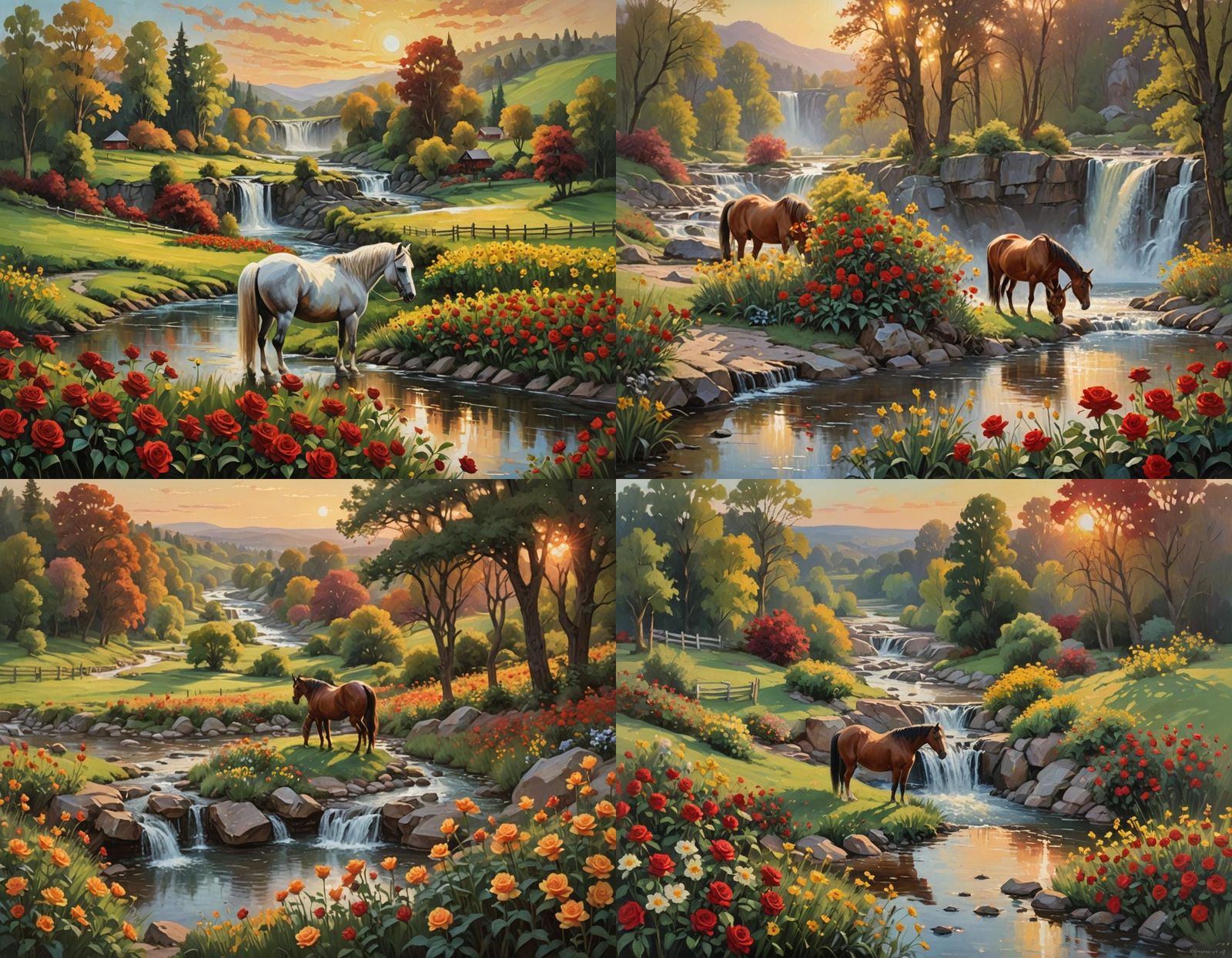 Spring Landscape with Waterfall in Oil Painting Style