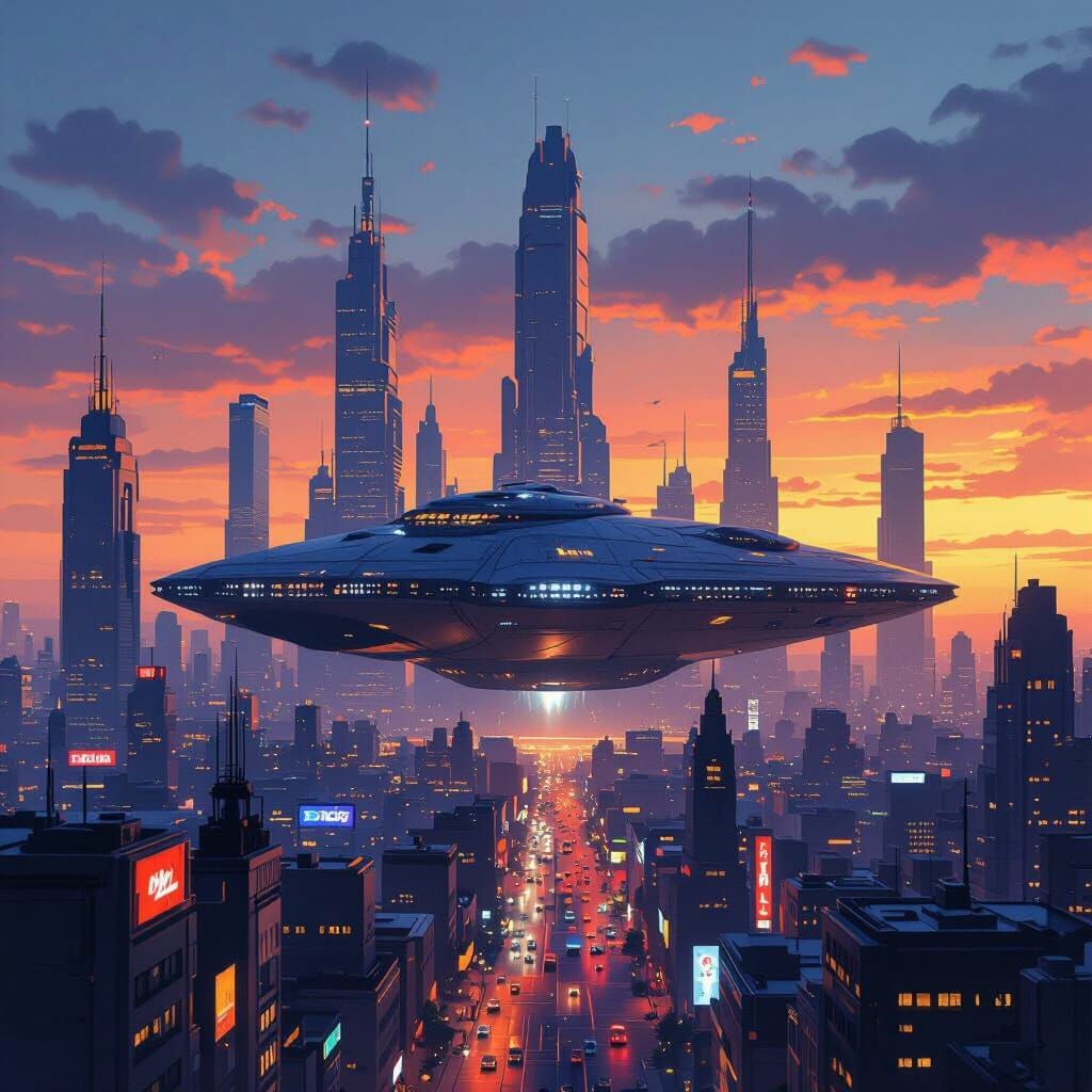 Futuristic Cityscape with Spaceship in Cyberpunk Style