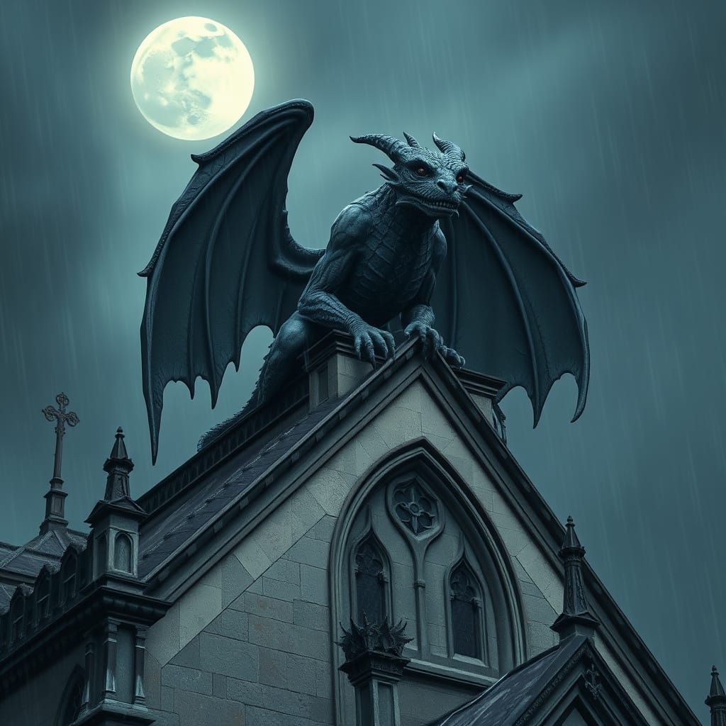 Gothic Gargoyle in Moonlit Rain