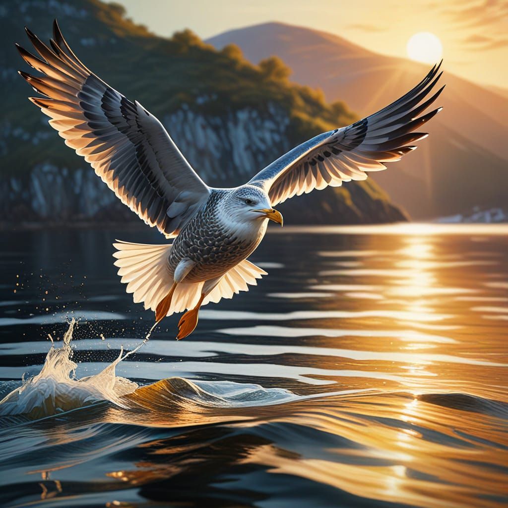 Herring Gull Soaring Over Fjord in Golden Hour Oil Painting