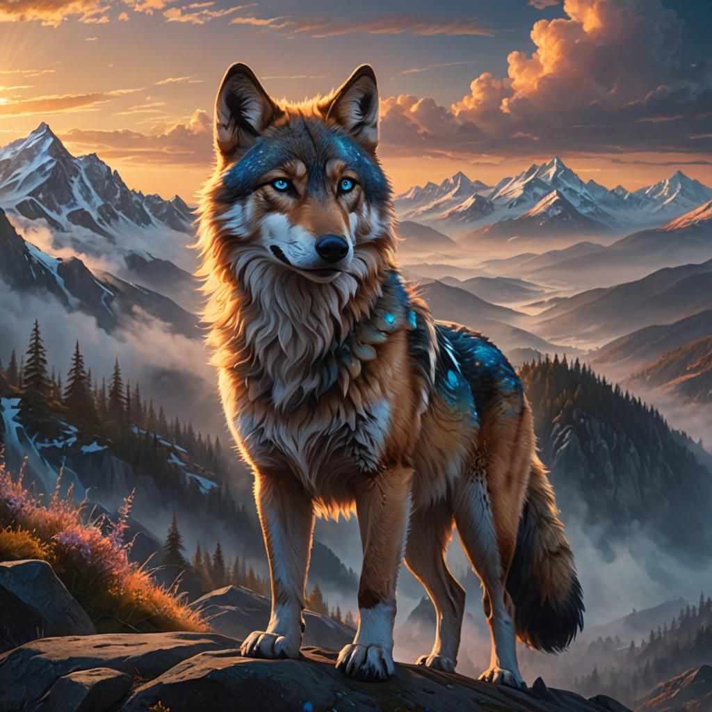 Wolf Fox Dog Hybrid on Misty Mountain