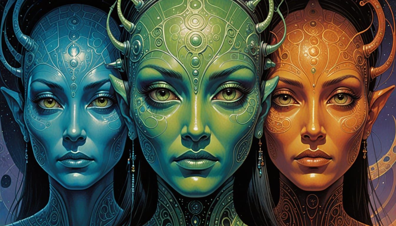 Exotic Alien Faces with Inscriptions