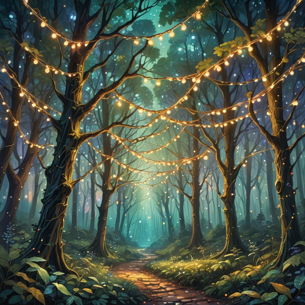 Forest Lit by Fairy Lights, Vibrant Oil Painting