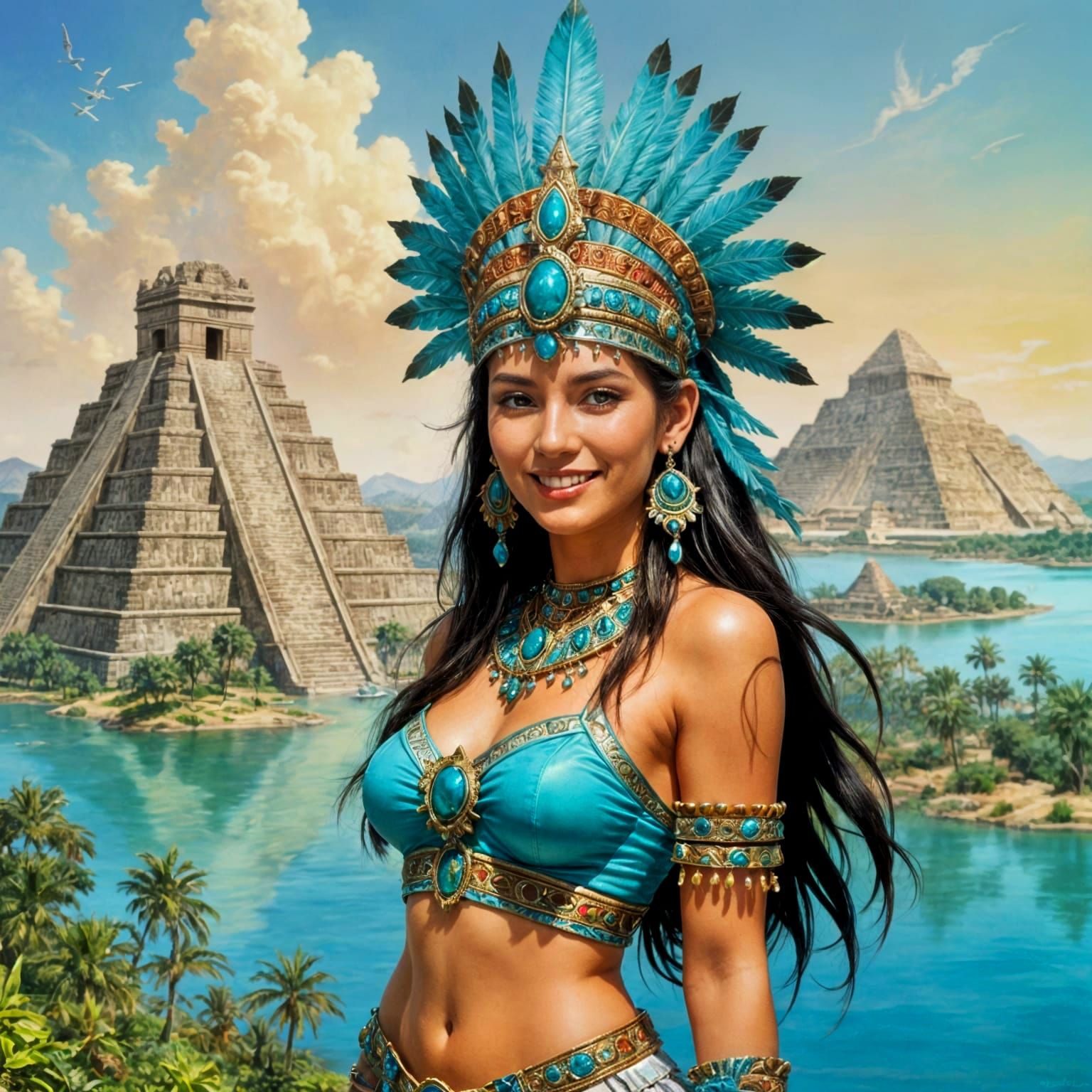 Aztec Princess with Turquoise Crown and Tenochtitlan Pyramid...