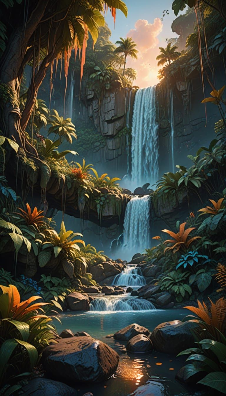 Hyperrealistic Jungle Waterfall in Vibrant Sunset Colors