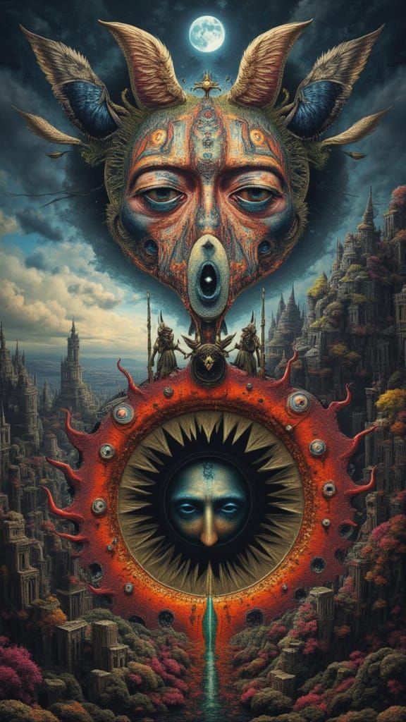 Man Mutation with Peacock and Fractal Face in Dreamscape