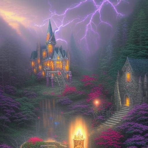 Ethereal Wizard Conjures Lightning in Fantasy Landscape