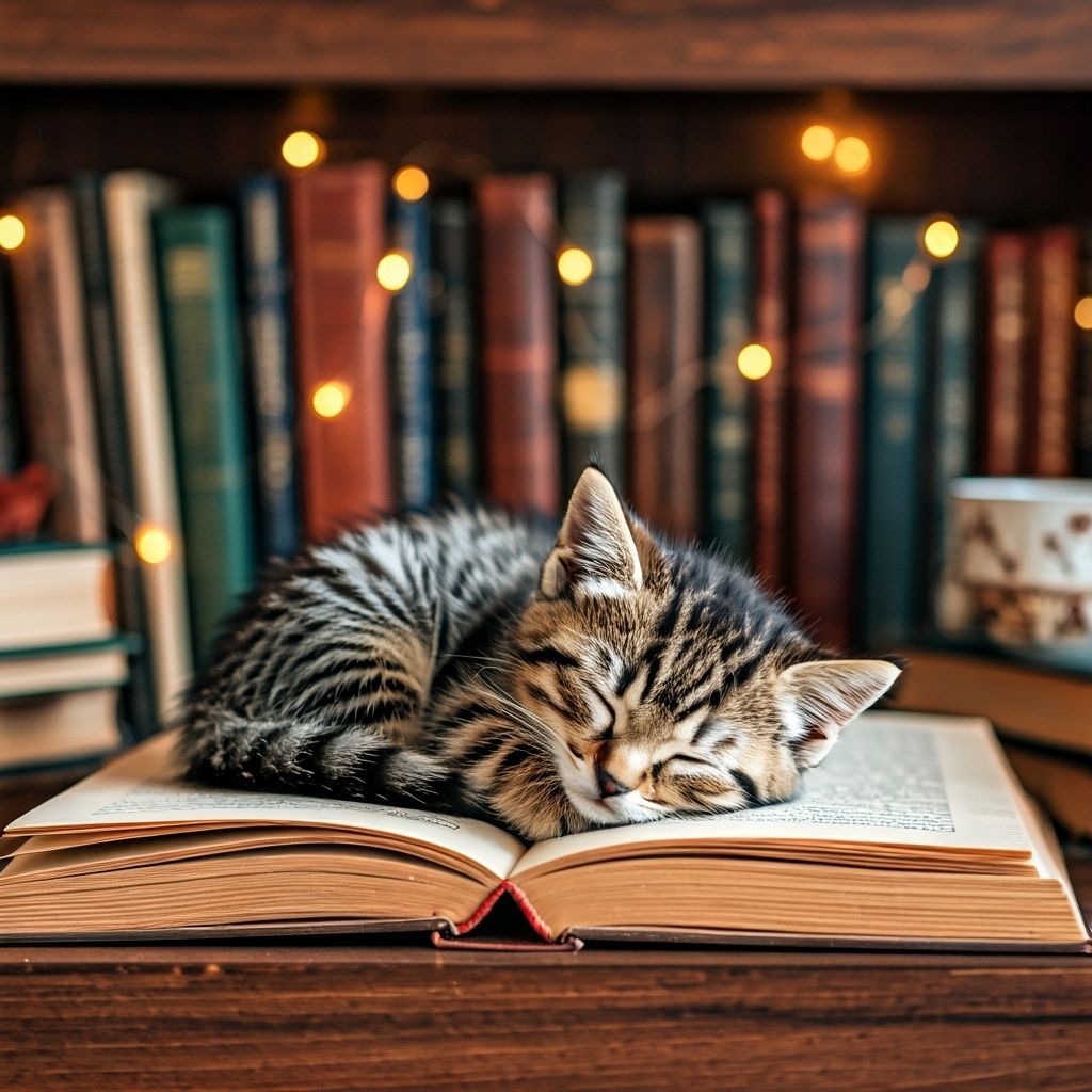 Tabby Kitten Asleep in Cozy Bookshelf Scene