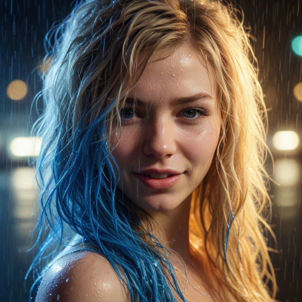 Wet Blond Beauty Smizes in Rainy Night