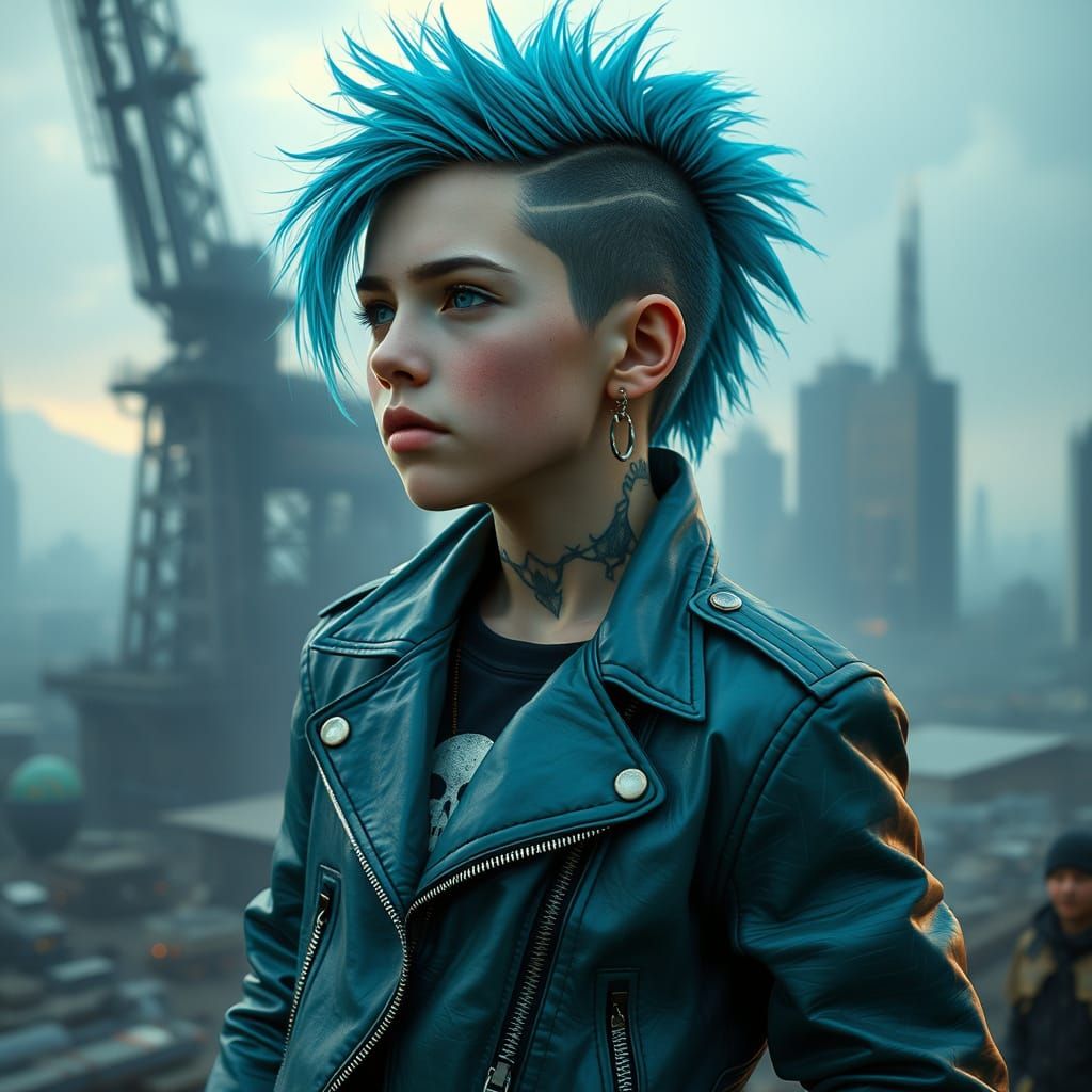 Teenage Punk with Turquoise Mohawk in Dystopian Setting