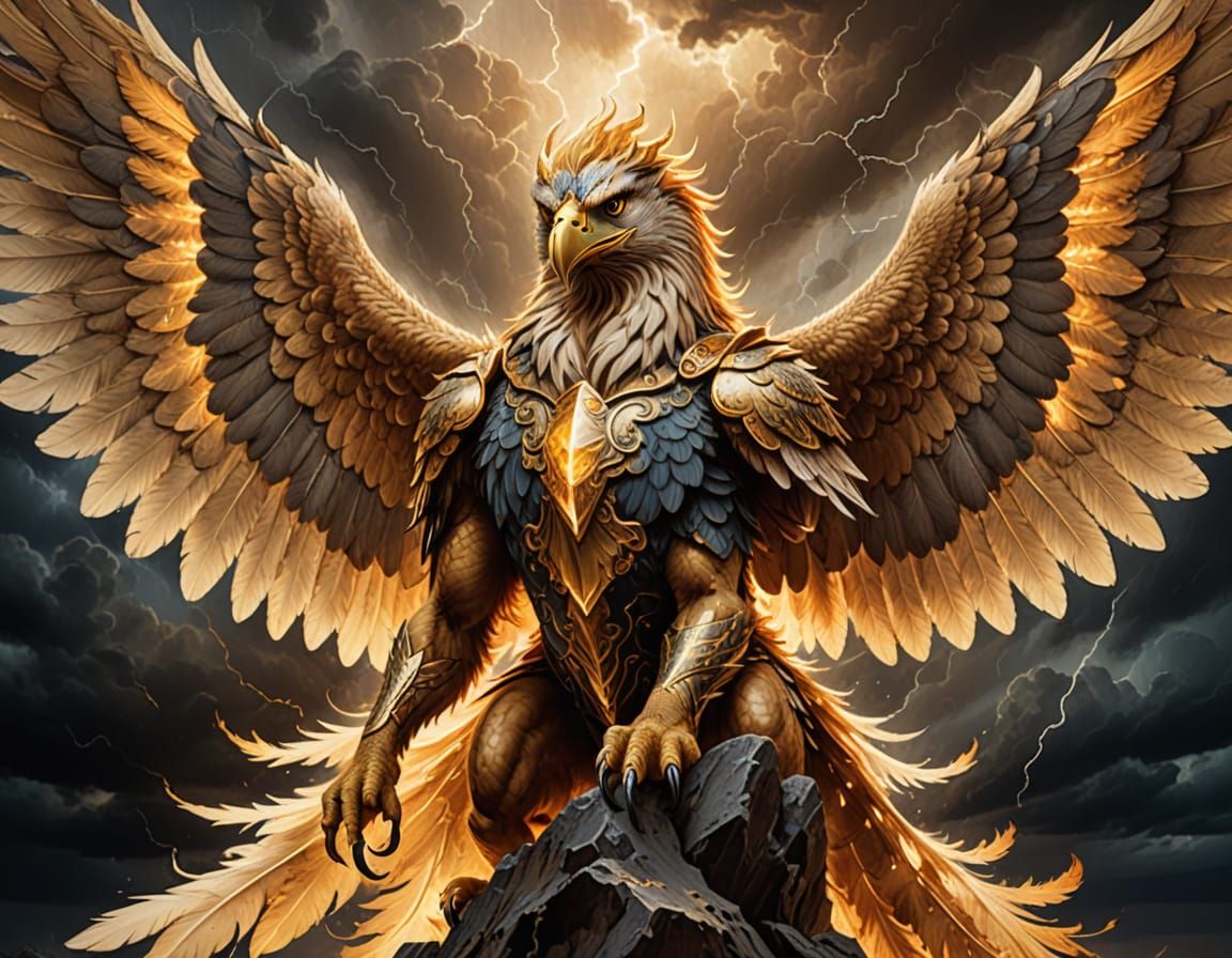 Griffin Soars Through Stormy Sky in Fantasy Art