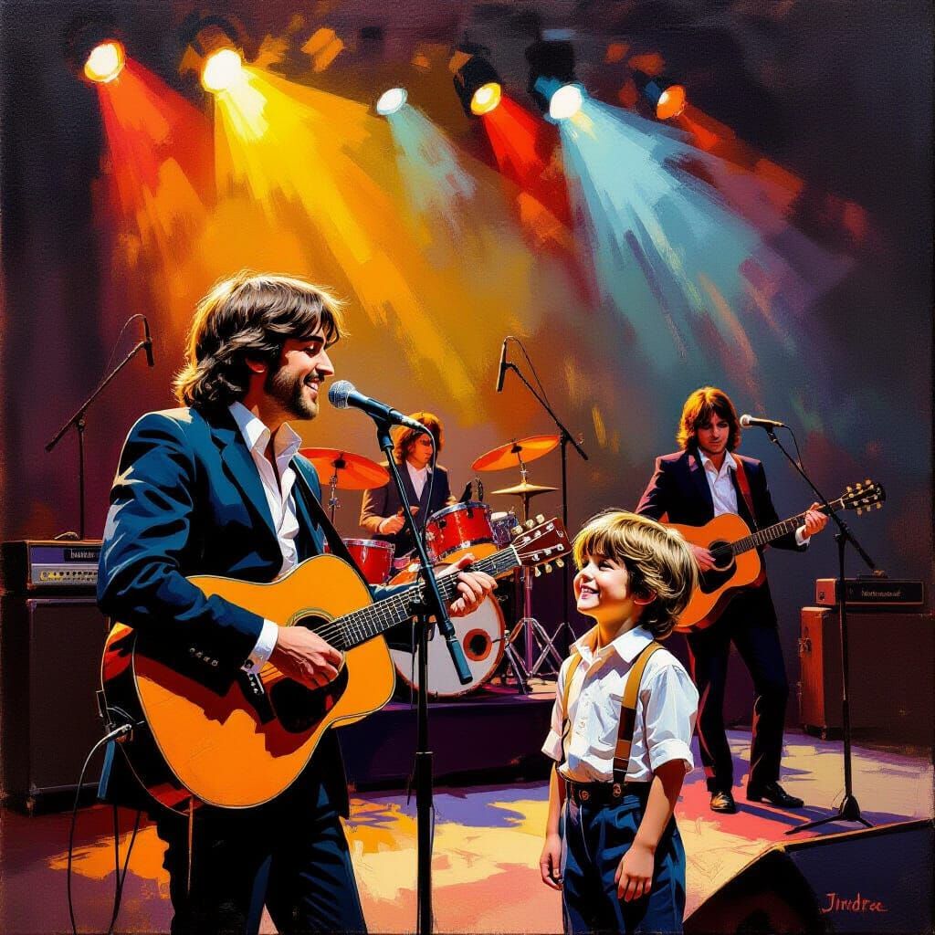The Beatles and John Lennon with Smiling Boy on Stage