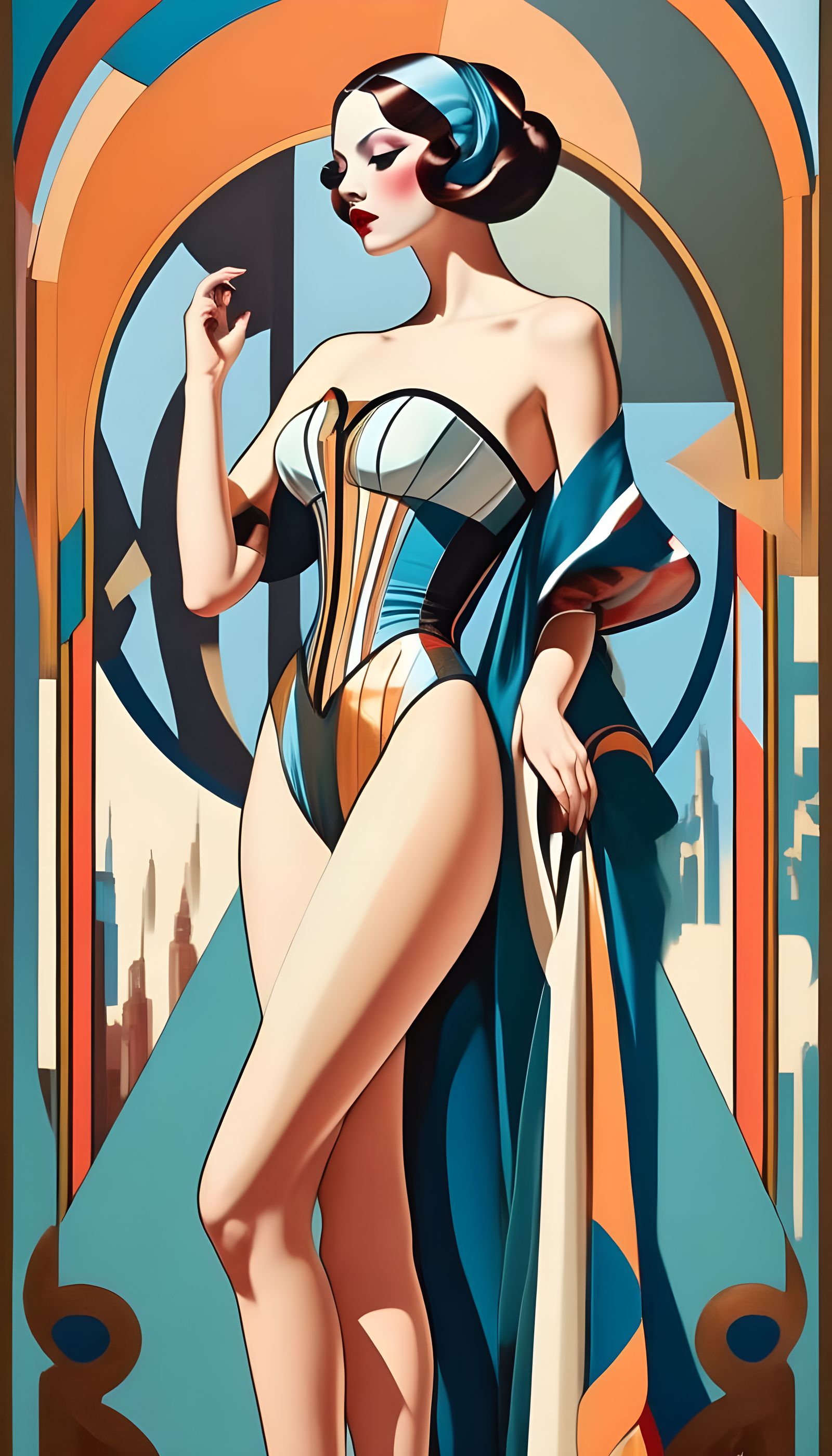Art Deco Woman Overlooking Cyberpunk Cityscape