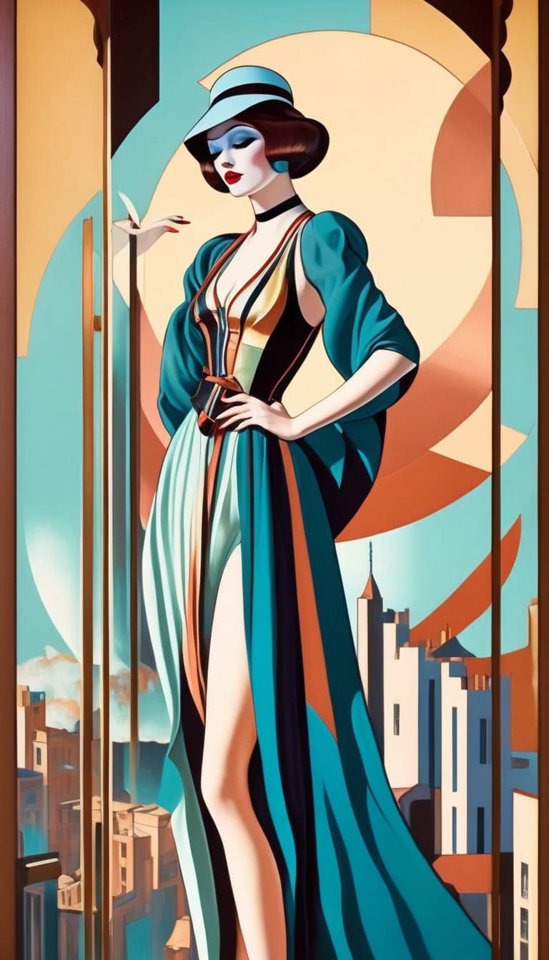 Woman Overlooking Neon City in Art Deco Style