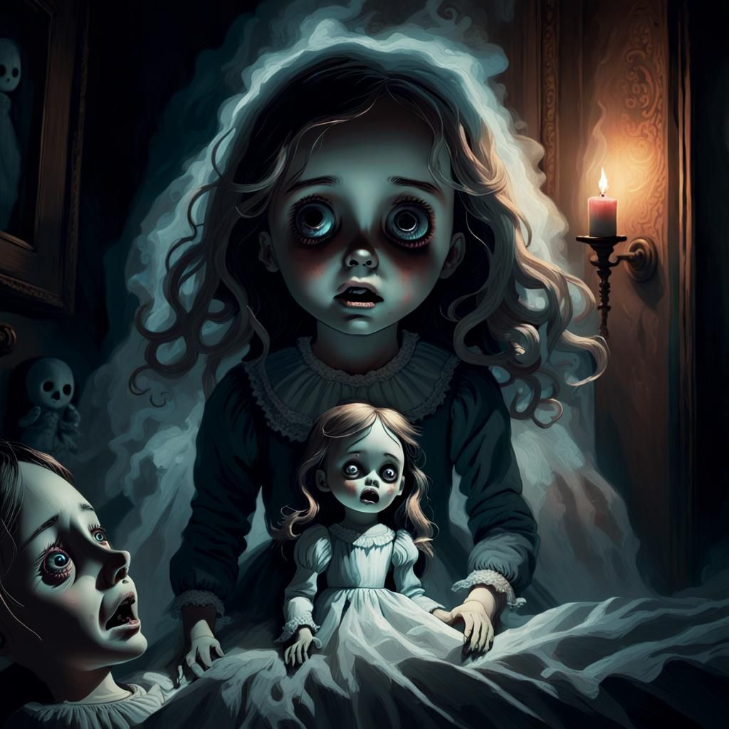 Terrified Girl and Ghostly Doll in Dark Whimsy Style