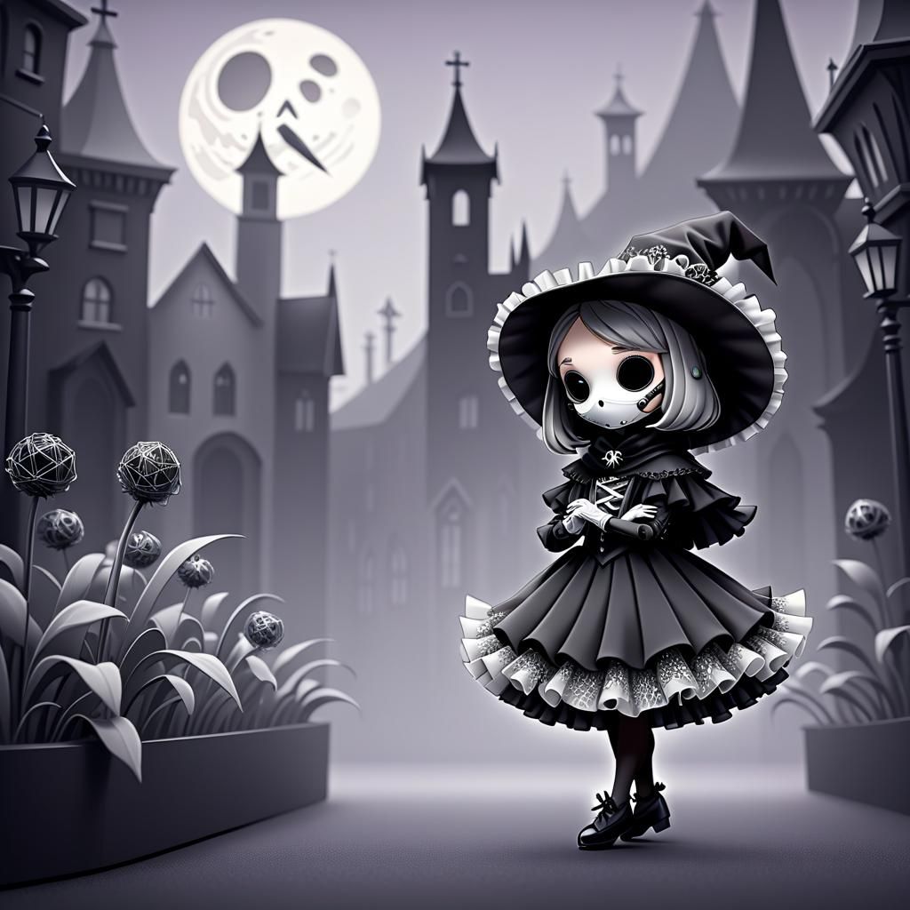 Chibi Plague Doctor Ballerina in Dystopian Scene