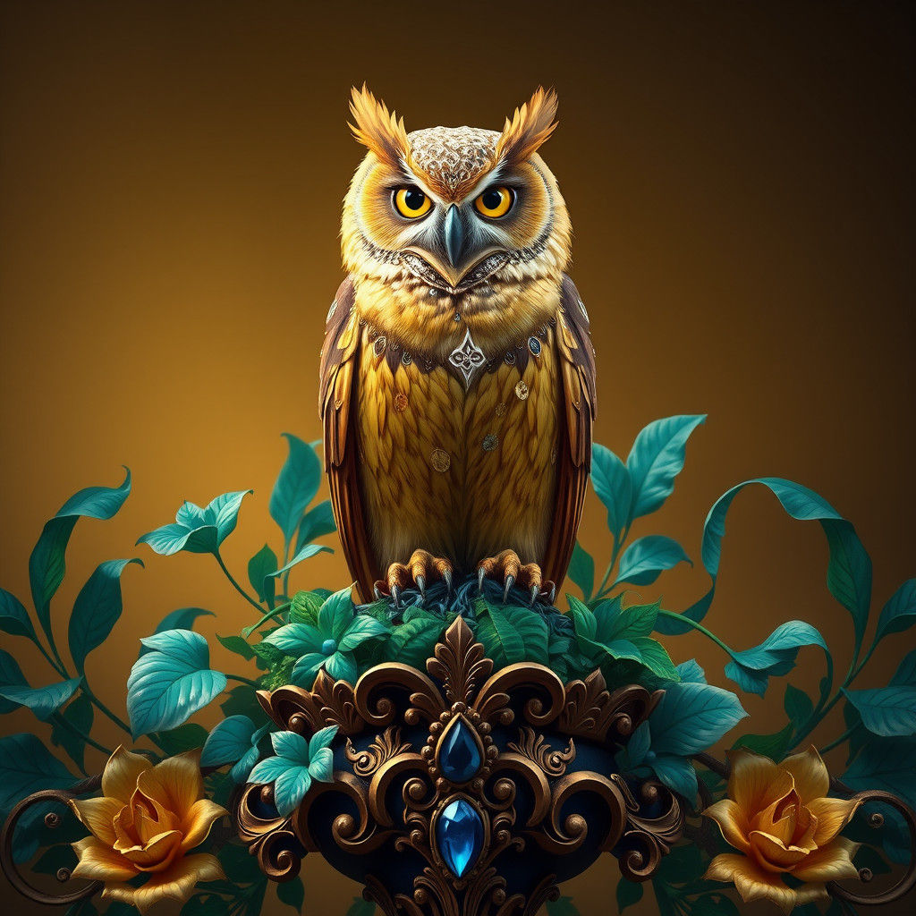 Golden Owl on Baroque Pedestal, Fantasy Art